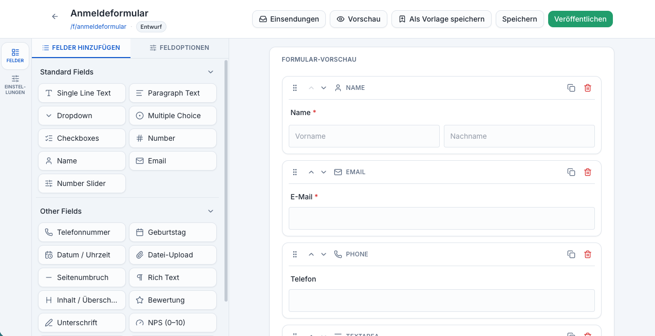 Formular-Builder mit Feldtypen zum Hinzufügen per Drag-and-Drop