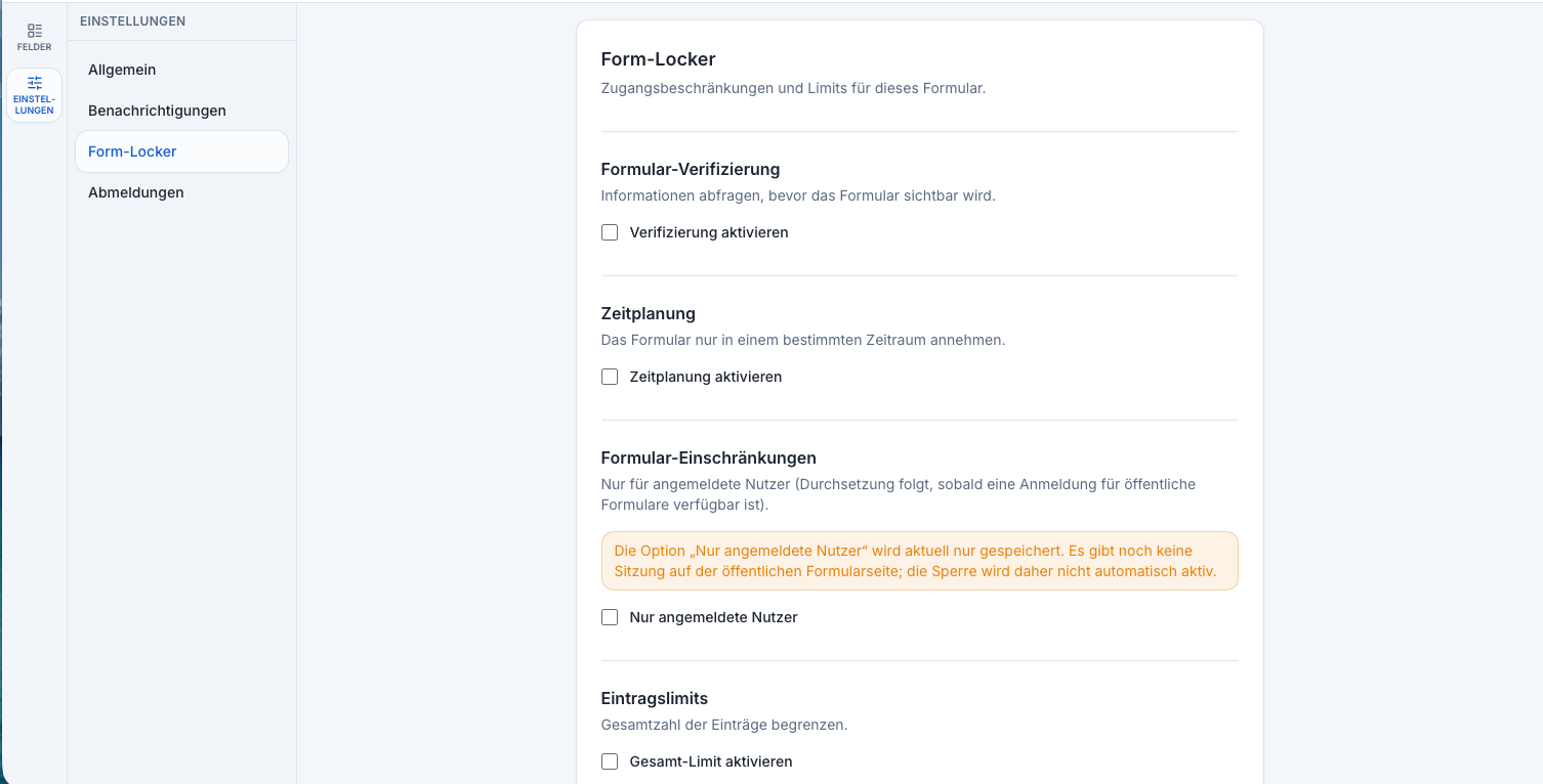 Zugriffsschutz-Einstellungen (Form-Locker) eines Formulars