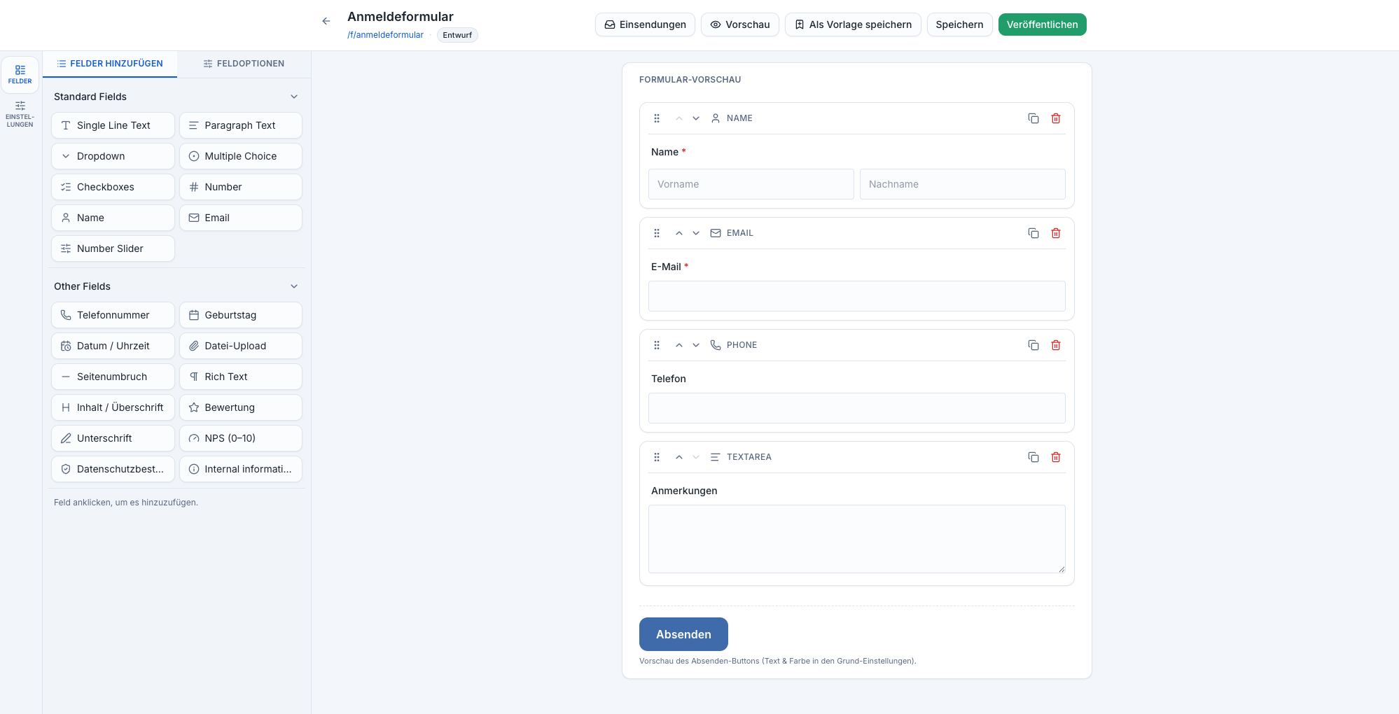 absendo Formular-Editor mit Live-Vorschau des Formulars